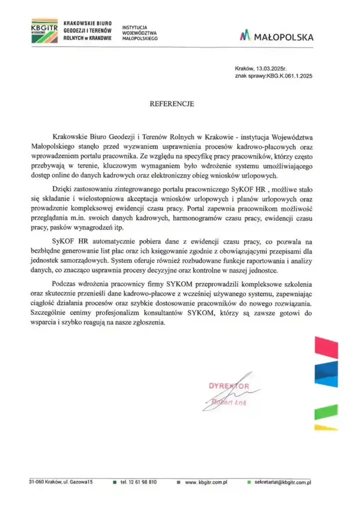 Skan oryginalnej referencji papierowej od firmy Krakowskie Biuro Geodezji i Terenów Rolnych w Krakowie dla systemu SyKOF HR z autentycznymi podpisami, pieczątkami i nagłówkiem firmowym.