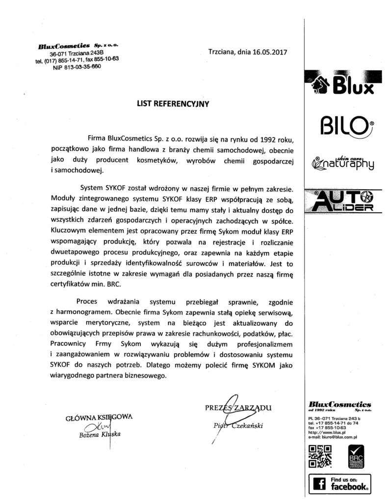 Skan oryginalnej referencji papierowej od firmy BluxCosmetics Sp. z o.o. dla systemu SyKOF HR, ERP z autentycznymi podpisami, pieczątkami i nagłówkiem firmowym.