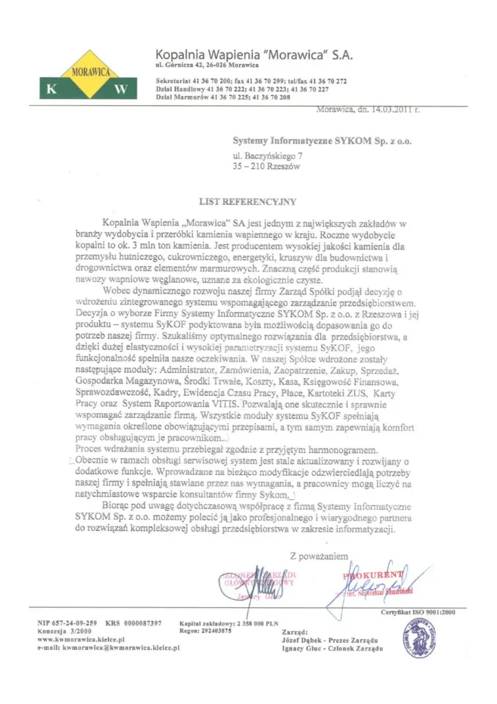 Skan oryginalnej referencji papierowej od firmy Kopalnia Wapienia "Morawica" S.A. dla systemu SyKOF HR, ERP z autentycznymi podpisami, pieczątkami i nagłówkiem firmowym.