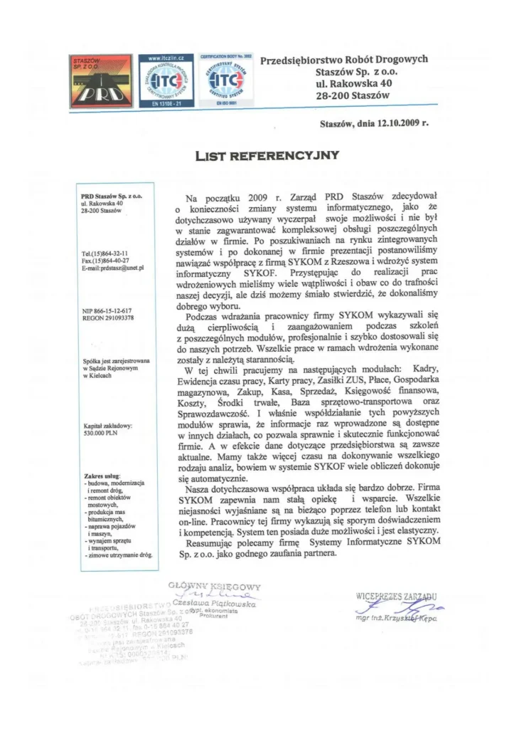 Skan oryginalnej referencji papierowej od firmy Przedsiębiorstwo Robót Drogowych Staszów Sp. z o.o. dla systemu SyKOF HR, ERP z autentycznymi podpisami, pieczątkami i nagłówkiem firmowym.