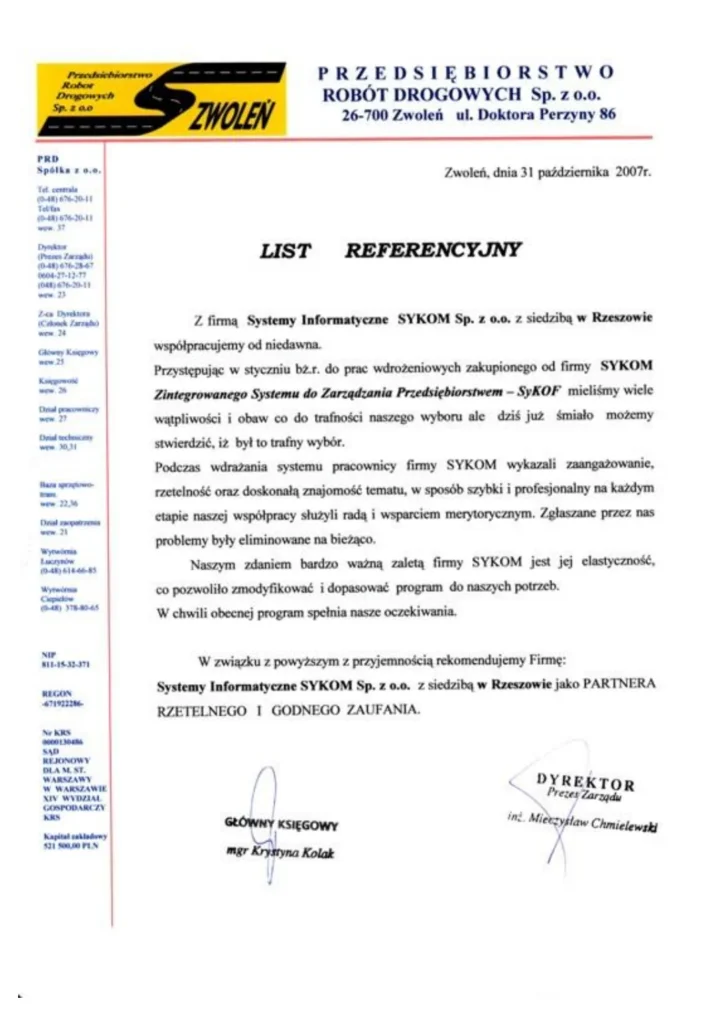 Skan oryginalnej referencji papierowej od firmy Przedsiębiorstwo Robót Drogowych Sp. z o.o. (PRD Zwoleń) dla systemu SyKOF HR, ERP z autentycznymi podpisami, pieczątkami i nagłówkiem firmowym.