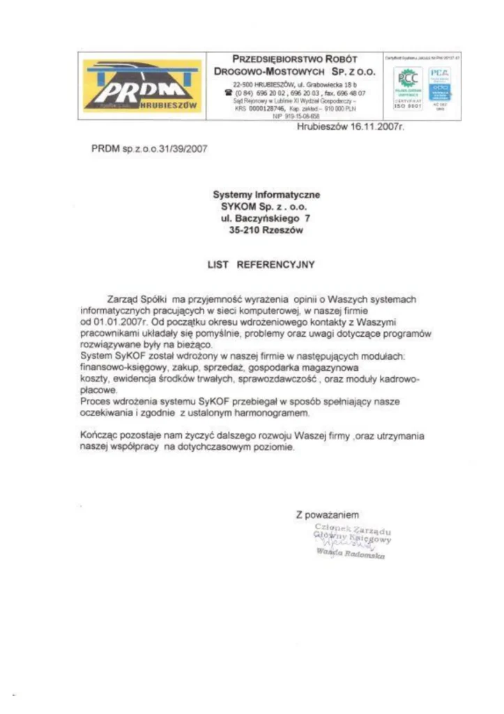 Skan oryginalnej referencji papierowej od firmy Przedsiębiorstwo Robót Drogowo Mostowych Sp. z o.o. w Hrubieszowie dla systemu SyKOF HR, ERP z autentycznymi podpisami, pieczątkami i nagłówkiem firmowym.