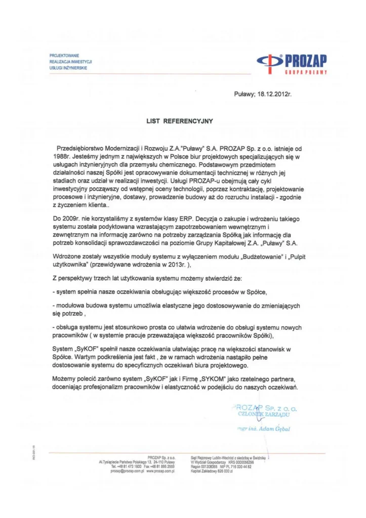 Skan oryginalnej referencji papierowej od firmy PROZAP Sp. z o.o. dla systemu SyKOF HR, ERP z autentycznymi podpisami, pieczątkami i nagłówkiem firmowym.